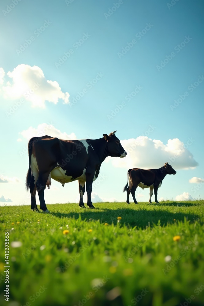 Fototapeta premium cow and calf silhouette on green pasture landscape, pasture, silhouettes