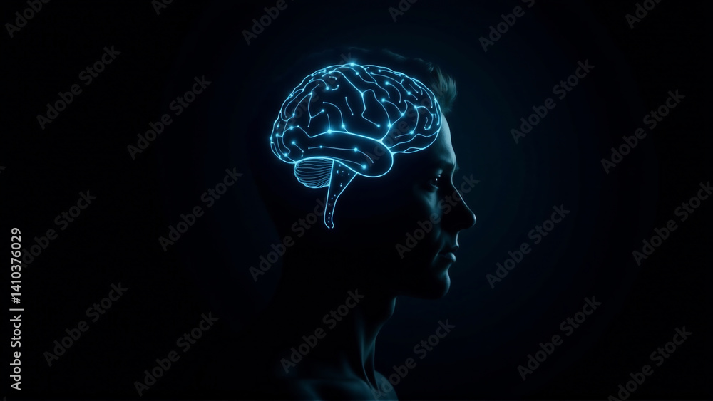 Obraz premium Silhouette Profile with Glowing Neural Network Overlay Visualizing Brain-Computer Interface