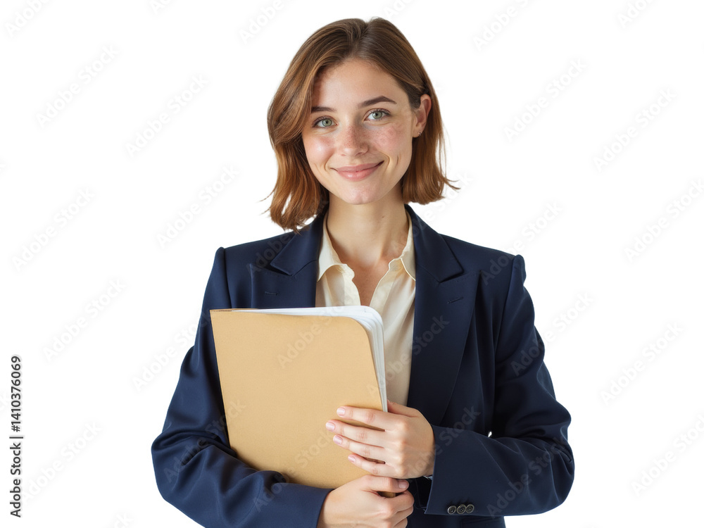 Business portrait isolated on white transparent background: A young woman with auburn hair and green eyes smiles confidently at the camera while holding a folder in a professional setting. Business portrait isolated on white transparent background: A young woman with auburn hair and green eyes smiles confidently at the camera while holding a folder in a professional setting.