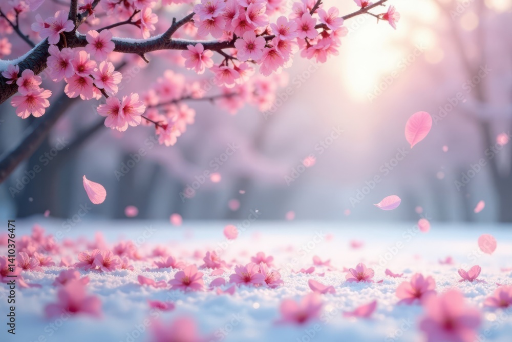 Fototapeta premium Soft pink sakura petals gently float in a serene winter landscape, season, delicate