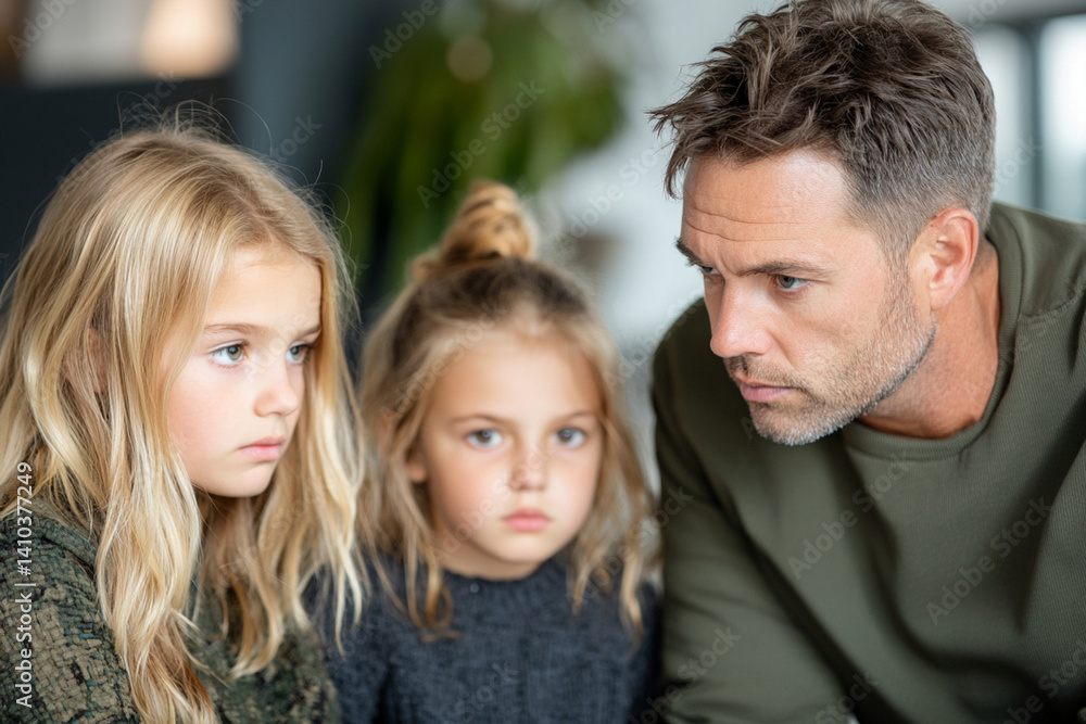 Social worker offering emotional guidance to children during a family support session in a cozy living room environment Social worker offering emotional guidance to children during a family support session in a cozy living room environment
