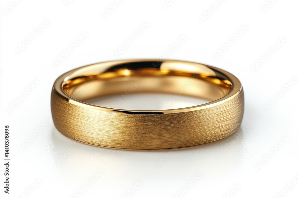 Gold wedding ring with intricate texture pattern, lying on a white satin cushion, catching the light with a soft glow. Gold wedding ring with intricate texture pattern, lying on a white satin cushion, catching the light with a soft glow.