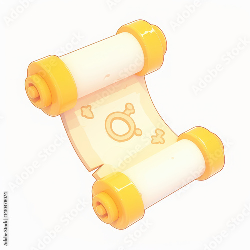 A whimsical yellow scroll with rolled ends on a white isolate background.