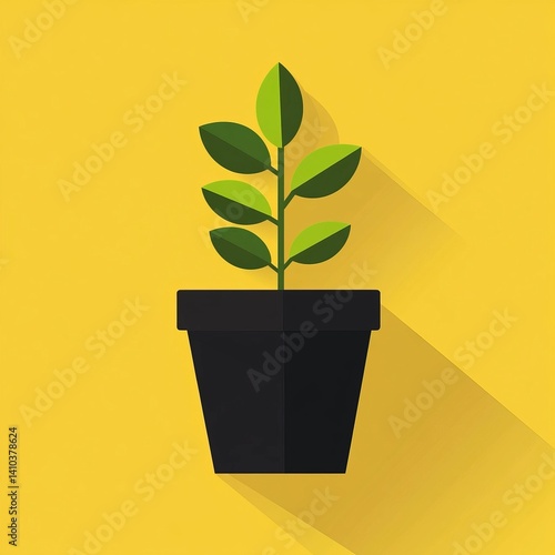 Minimalist Botanical Illustration: Elegant Potted Plant with Green Leaves on Black Background - Modern Flat Design for Eco-Friendly Sustainable Home Decor and Gardening Inspiration