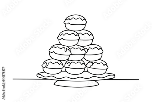 Line Art Cream Puff Tower On Plate Delicate Pastry Minimalist Outline