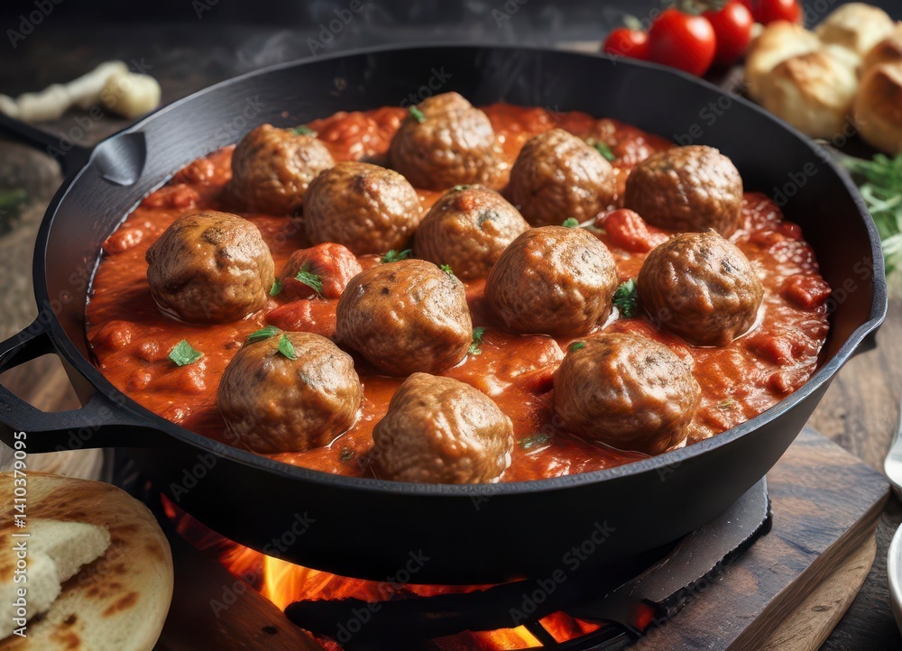 Sizzling meatballs in tomato sauce sizzling in a cast iron skillet, savory, hot Sizzling meatballs in tomato sauce sizzling in a cast iron skillet, savory, hot