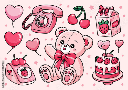 Hand-Drawn Coquette Style in Pink and Red. Vintage mirror, cake, bear toy, telephone, bows, cherry in hand drawn outline style.