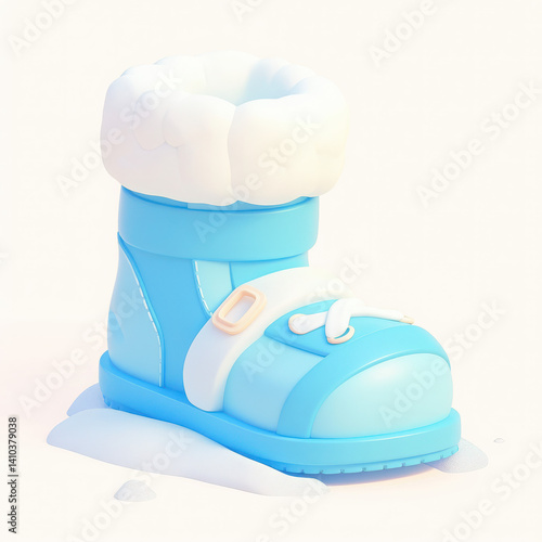 Blue winter boot with fluffy top, isolated on white background.