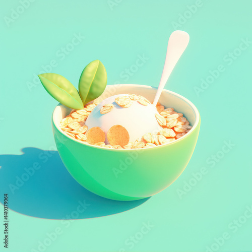 Bowl of cereal with a scoop of yogurt and green leaves on a vibrant background.