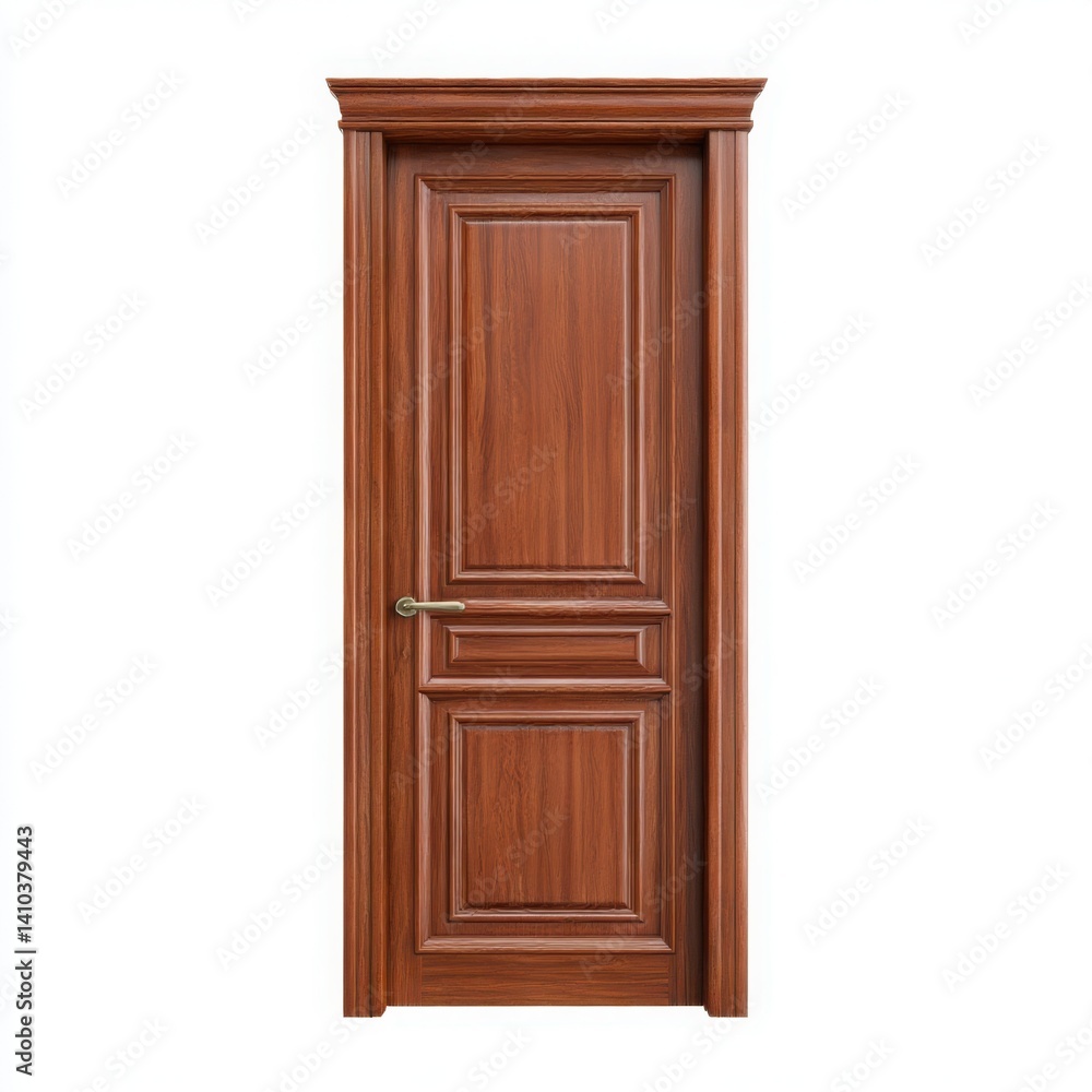 Isolated view of an elegant wooden door with golden handle on white space Isolated view of an elegant wooden door with golden handle on white space