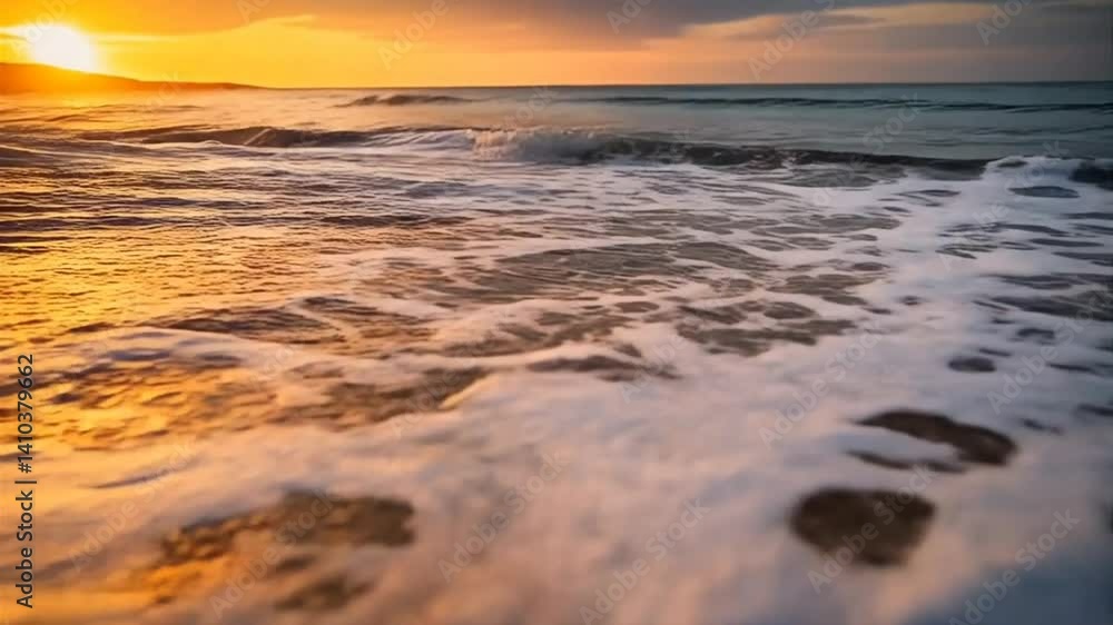 Golden Sunset Waves Embrace Shoreline in Peaceful Foam Dance Golden Sunset Waves Embrace Shoreline in Peaceful Foam Dance