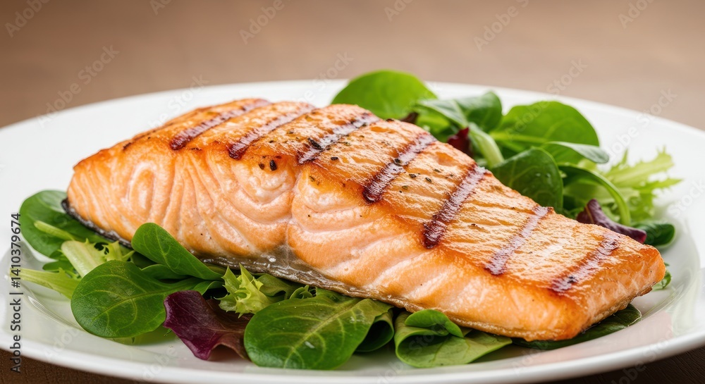 Grilled salmon fillet on a white plate with green salad leaves. Grilled salmon fillet on a white plate with green salad leaves.