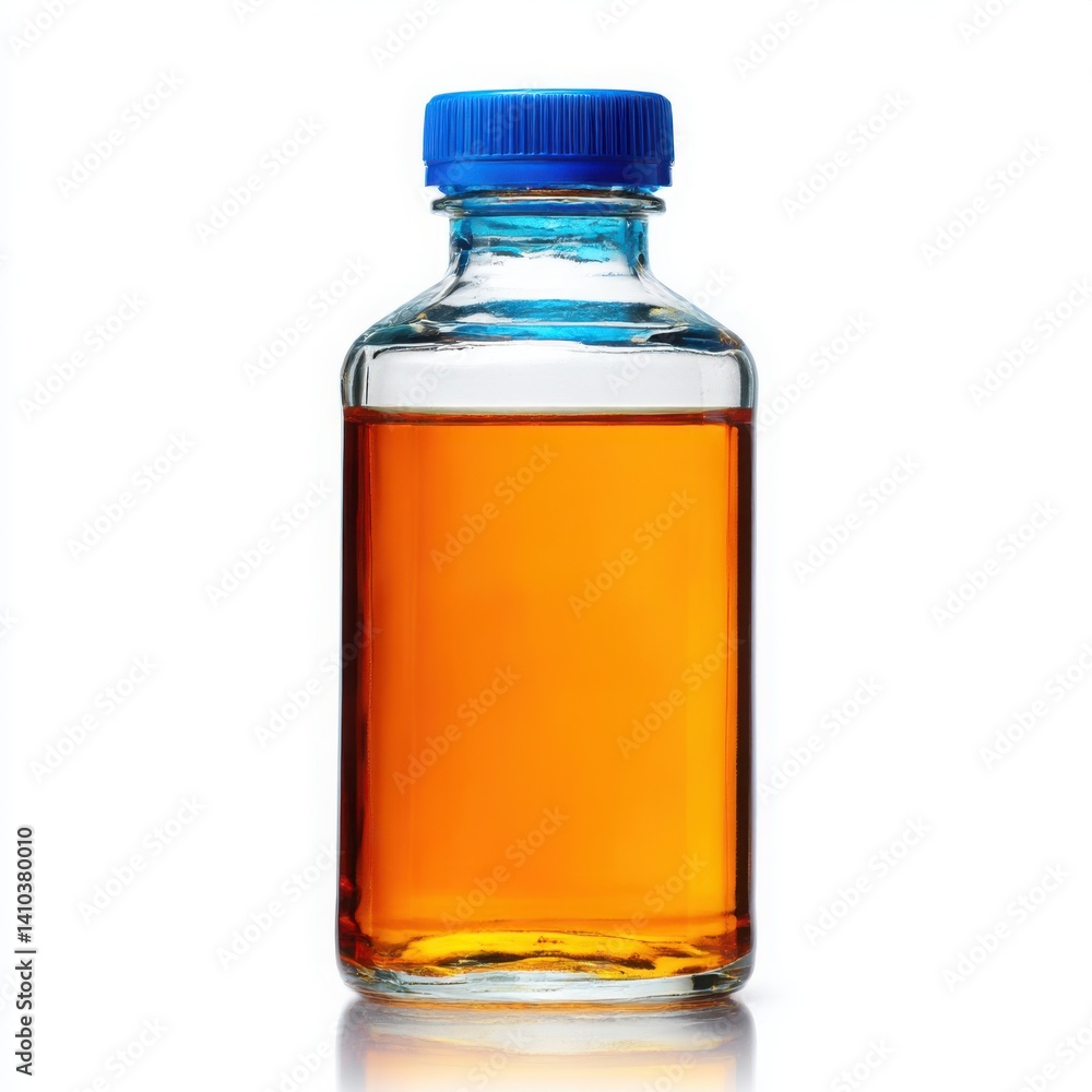 A clear bottle filled with orange liquid and a blue cap on a white surface A clear bottle filled with orange liquid and a blue cap on a white surface