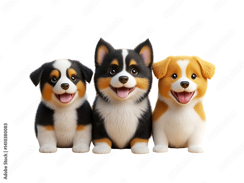 Obraz premium Three adorable puppies sitting together indoor digital art playful cute cheerful vibes