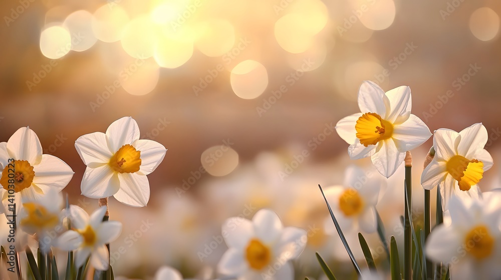 Field of Daffodils Blooming Under Soft Golden Light During Springtime in Natural Setting