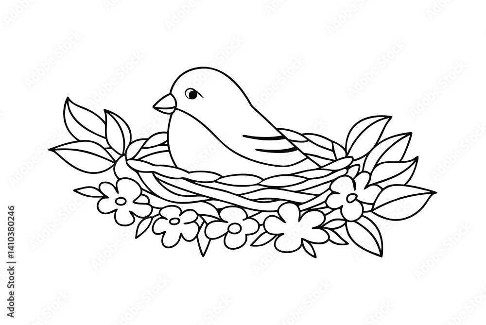Obraz premium Bird In Nest Surrounded By Flowers Black And White Outline Illustration