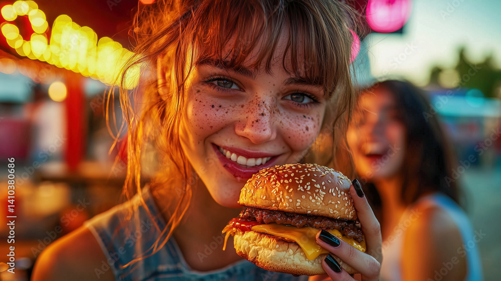 Young woman holding a cheeseburger with a joyful expression in a lively fair setting, featuring colorful lights and a warm atmosphere that highlights fun, food, and youthful enjoyment.