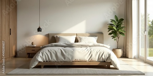 King size bed surrounded by minimalist Scandinavian furniture, Furniture with clean lines, Soft lighting