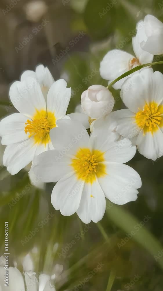 Close-up view of delicate white flowers with bright yellow centers in natural light, showing petals and buds Close-up view of delicate white flowers with bright yellow centers in natural light, showing petals and buds