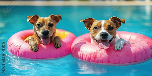 Two happy dogs enjoying a sunny day floating in pink pool rings at a swimming pool