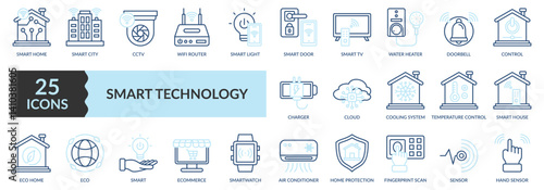 Smart Technology Icon Set With Smart Home, Smart City, CCTV, Wifi Router, Light, Smart Door, Doorbell, Fingerprint Scan, Sensor, And Others