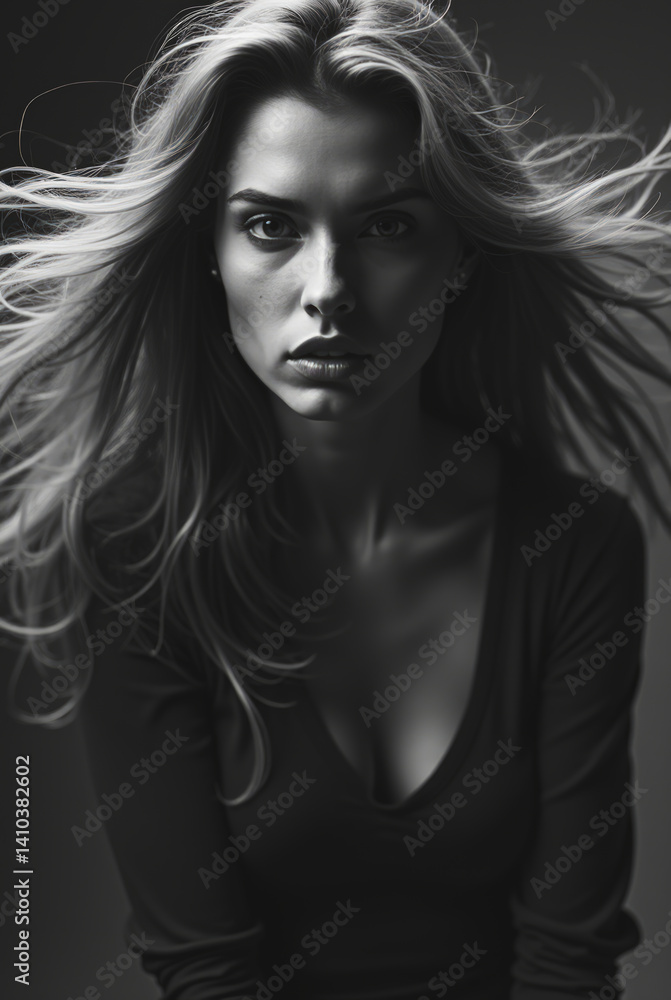 Dynamic Black and White Portrait of a Model with Long Flowing Hair - Windblown Beauty Dynamic Black and White Portrait of a Model with Long Flowing Hair - Windblown Beauty