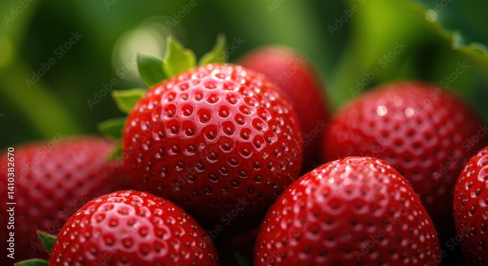 Close-up of ripe red strawberries with green leaves in a natural setting. Close-up of ripe red strawberries with green leaves in a natural setting.