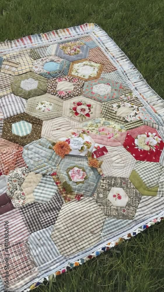 Handmade patchwork quilt featuring floral, striped, and checkered patterns lying on vibrant green grass outdoor setting with sunlight Handmade patchwork quilt featuring floral, striped, and checkered patterns lying on vibrant green grass outdoor setting with sunlight