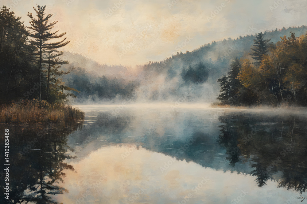 Fototapeta premium Ethereal Morning: Mist-Enveloped Lake Offering a Serenity Beyond Worlds