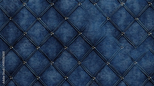 A close-up image of a blue denim fabric with a diamond pattern and gold studs.