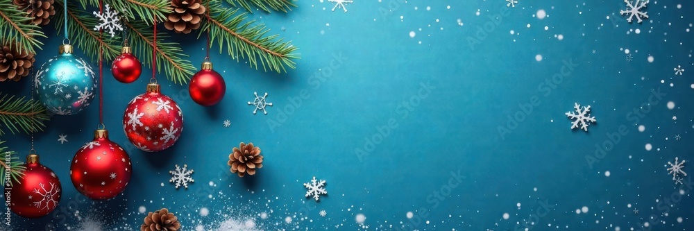 Blue background with snowflakes and pinecones surrounded by hanging Christmas ornaments in various shapes and sizes, christmas tree, pinecones Blue background with snowflakes and pinecones surrounded by hanging Christmas ornaments in various shapes and sizes, christmas tree, pinecones