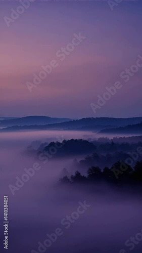 Wallpaper Mural Misty purple dawn over hilly terrain with a forest silhouette in the foreground Torontodigital.ca