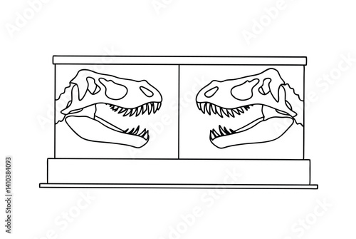Two Tyrannosaurus Rex Dinosaur Skulls Outline Drawing In Museum Display Case
