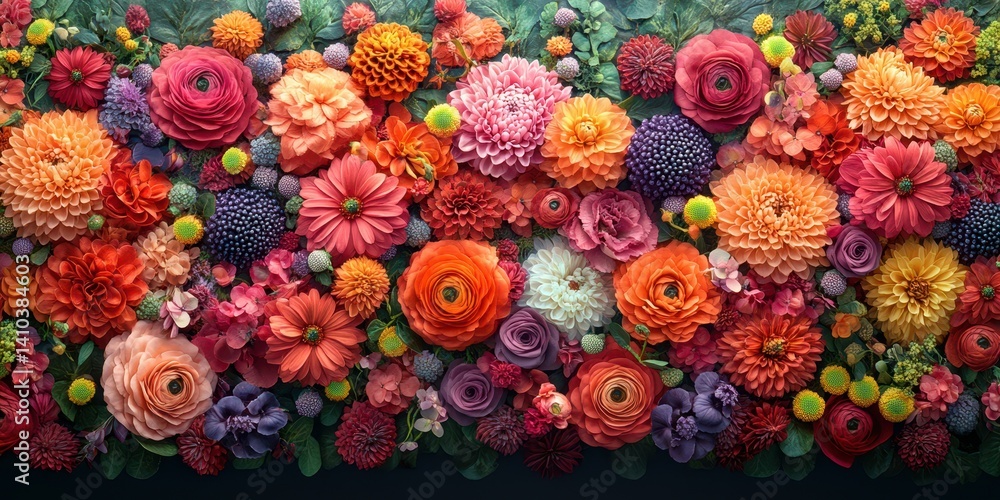 Naklejka premium Vibrant floral arrangement showcasing a variety of colors, sizes, and textures at a spring garden event in full bloom