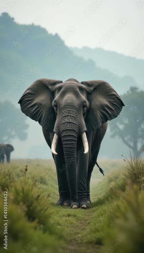 Fototapeta premium Grey elephant roaming through the dense savannah fog, grey, nature