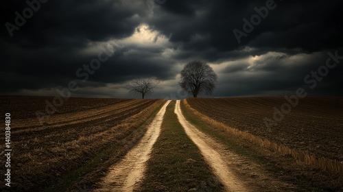 A dirt road leads towards a dark cloudy sky with trees