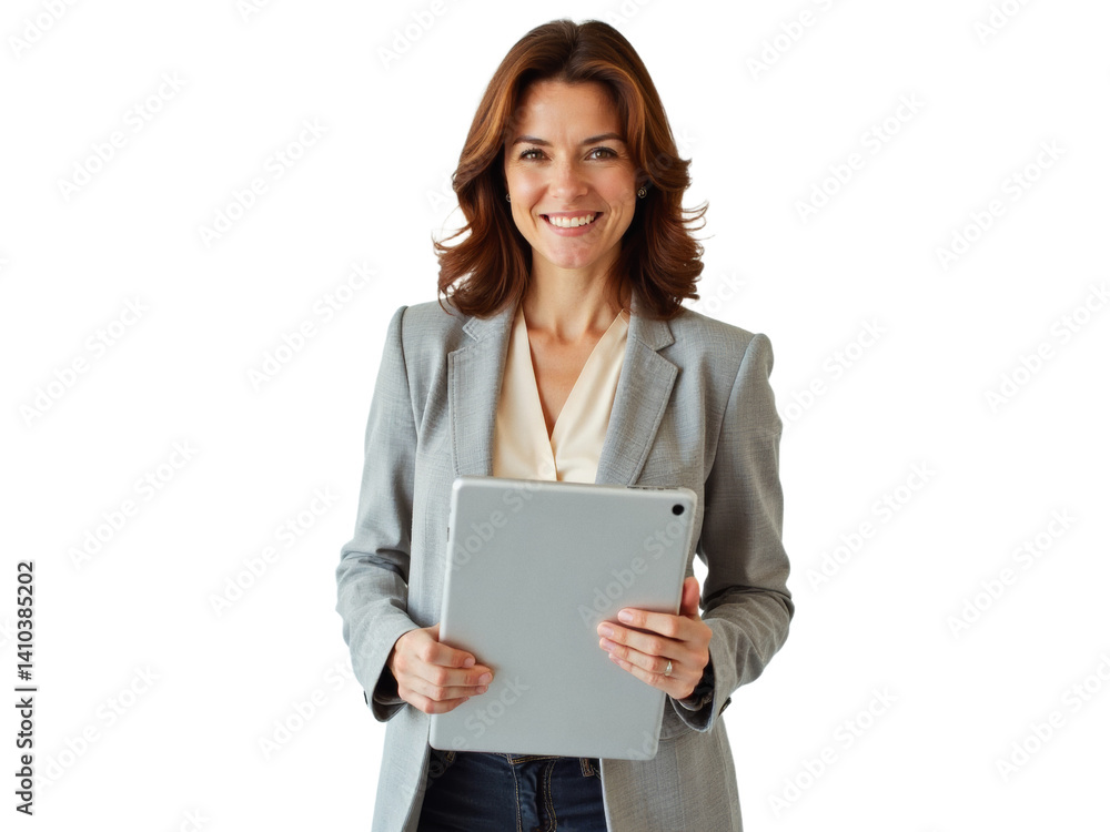 Business portrait isolated on white transparent background: A confident businesswoman with brown hair smiles warmly while holding a tablet against a clean white background. Business portrait isolated on white transparent background: A confident businesswoman with brown hair smiles warmly while holding a tablet against a clean white background.