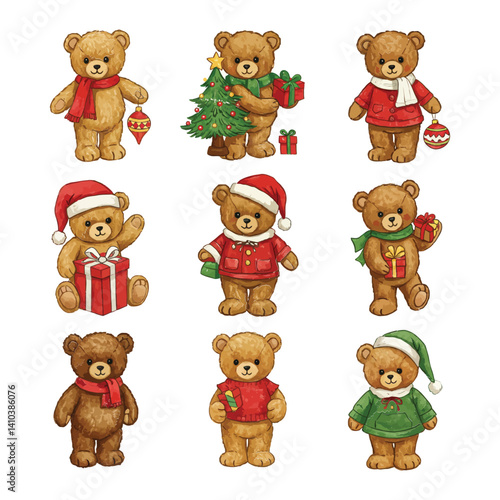 "Festive Christmas Teddy Bears – Adorable Holiday Illustrations for Seasonal Cheer"