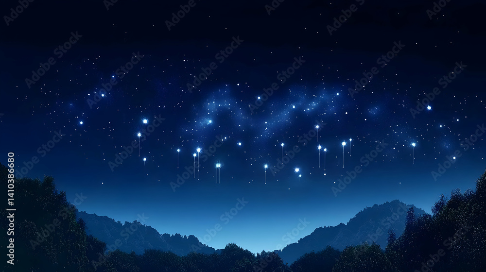 Starry Night Sky Over Dark Forest Landscape Starry Night Sky Over Dark Forest Landscape