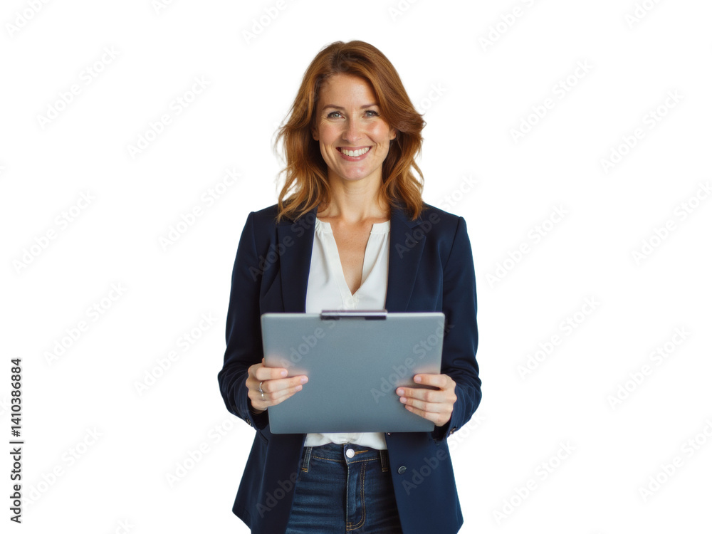 Business portrait isolated on white transparent background: A confident woman with auburn hair smiles directly at the camera while holding a tablet against a plain white wall. Business portrait isolated on white transparent background: A confident woman with auburn hair smiles directly at the camera while holding a tablet against a plain white wall.