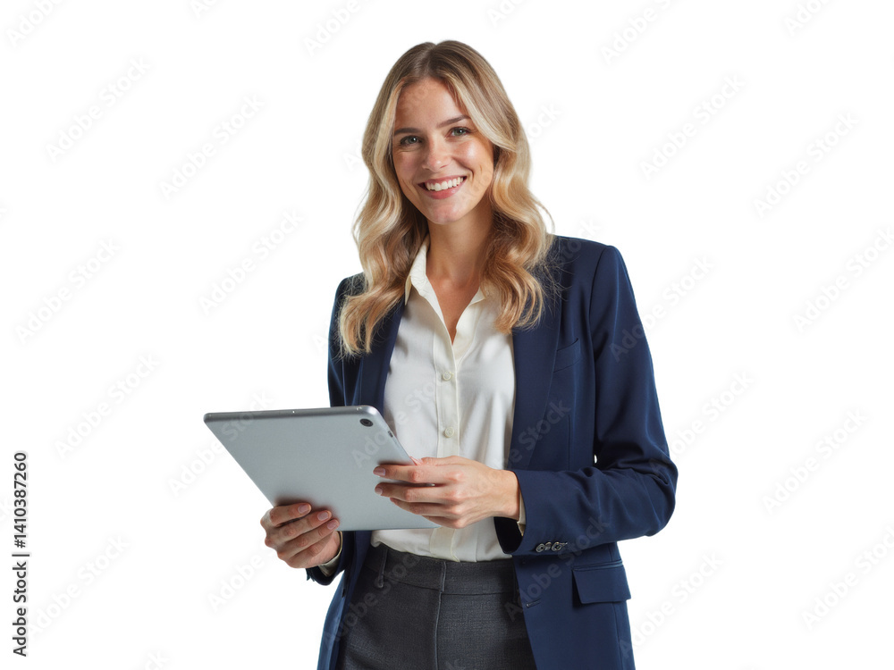 Business portrait isolated on white transparent background: A confident businesswoman smiles while holding a tablet and wearing a navy blazer, standing against a clean white background. Business portrait isolated on white transparent background: A confident businesswoman smiles while holding a tablet and wearing a navy blazer, standing against a clean white background.