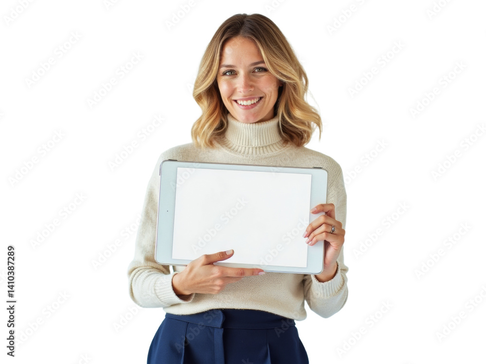 Business portrait isolated on white transparent background: A smiling woman with blonde hair holds a tablet displaying a blank screen against a plain white background. Business portrait isolated on white transparent background: A smiling woman with blonde hair holds a tablet displaying a blank screen against a plain white background.
