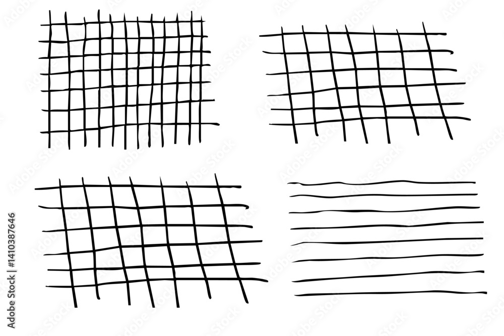 Fototapeta premium Grid square hand drawn textured lines, notebook grid and striped pattern. Set Doodle geometric net, chalk or crayon stroke.