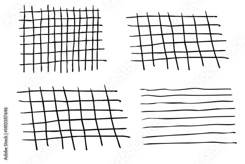Grid square hand drawn textured lines, notebook grid and striped pattern. Set Doodle geometric net, chalk or crayon stroke.