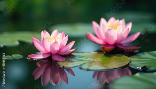 Soft water lily flowers blooming in a serene pond with subtle ripples on the surface of the calm water, reflection, soft focus effect