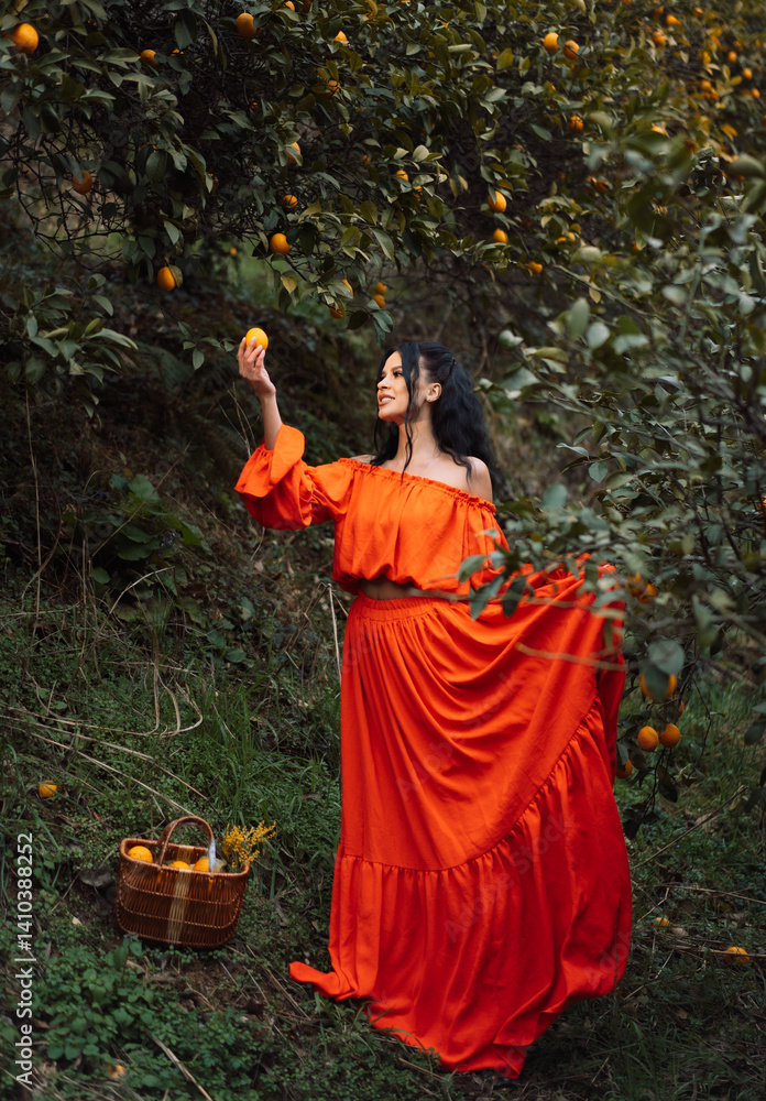 girl in red dress with basket in her hands stands next to lemon tree girl in red dress with basket in her hands stands next to lemon tree