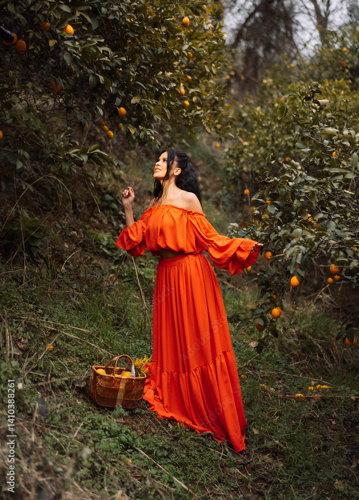 girl in red dress with basket in her hands stands next to lemon tree girl in red dress with basket in her hands stands next to lemon tree