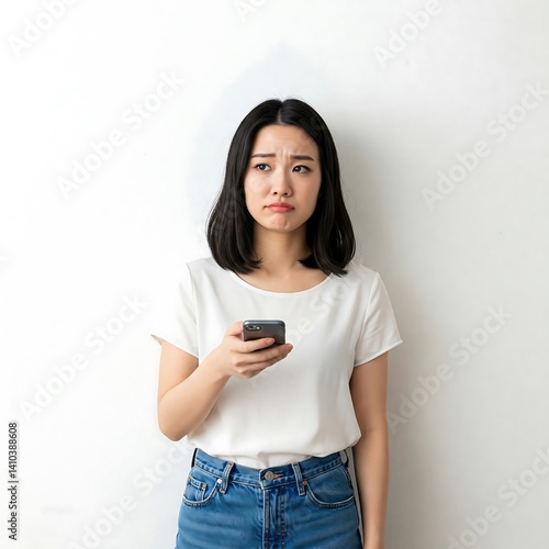 Concerned Asian Woman Holding Phone with Disappointed Expression
