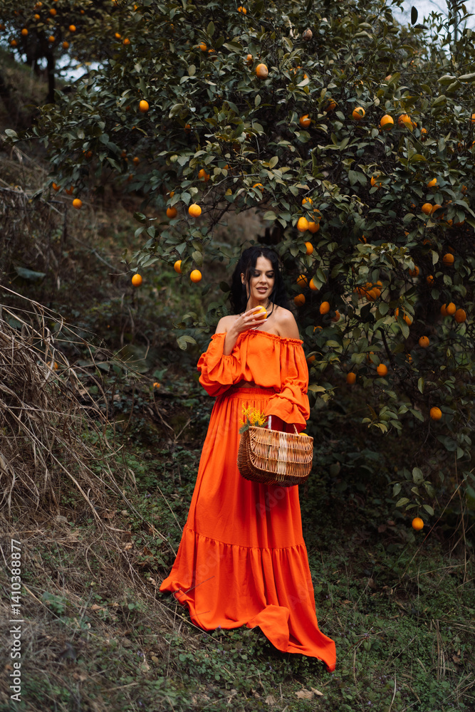 girl in red dress with basket in her hands stands next to lemon tree girl in red dress with basket in her hands stands next to lemon tree