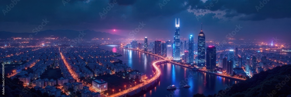 Obraz premium Futuristic cityscape at night, city, streets